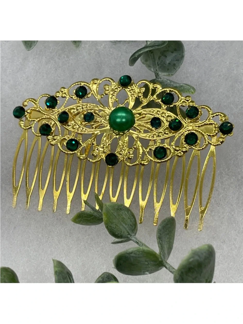 Elegant Gold and Emerald Green Crystal Pearl Hair Comb FINAL PRICE DROP